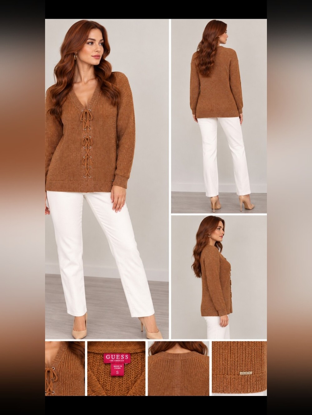 Guess Knit Sweater Women S Burnt Orange Pullover Lace Up - Picture 2 of 8